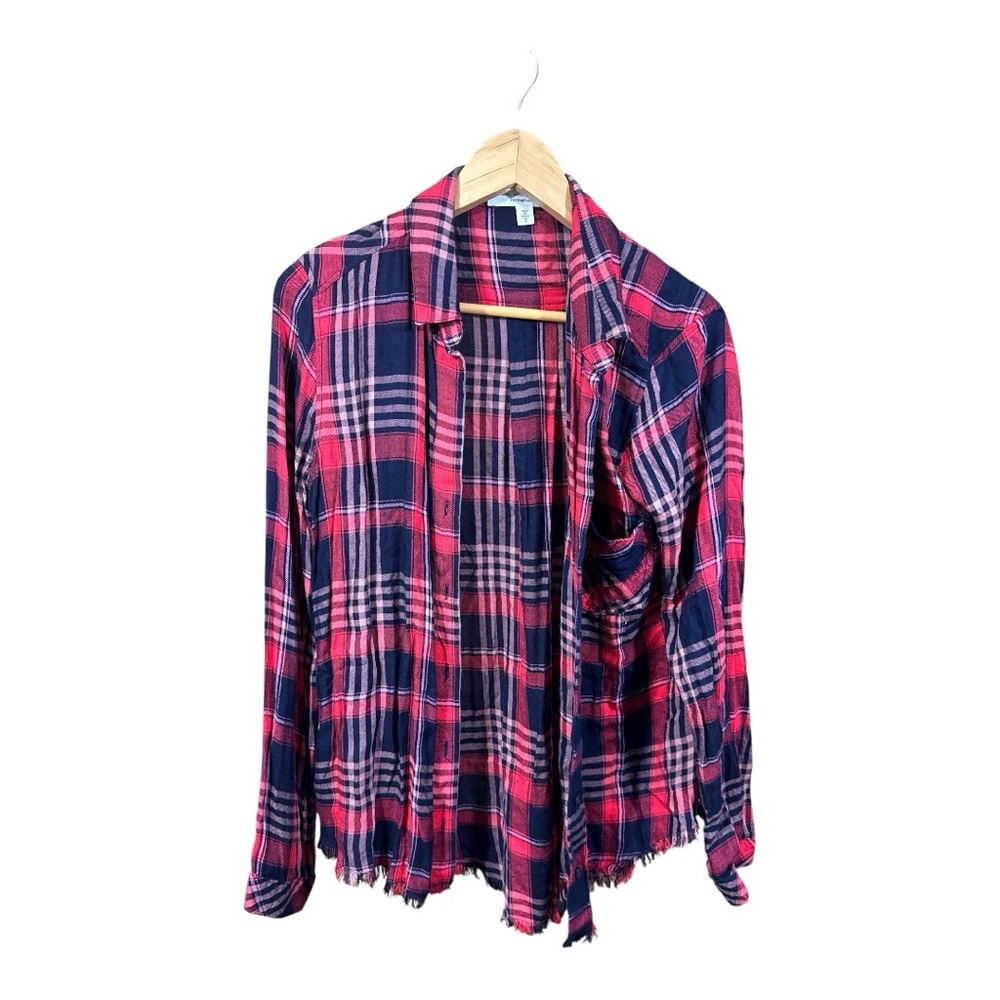 Anthropologie cloth & stone Red & Navy Plaid Button Down Flannel with Frayed Hem
